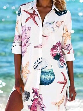 Seashell Print Button Down Shirt Dress | Beach Cover Up Coastal Vacation